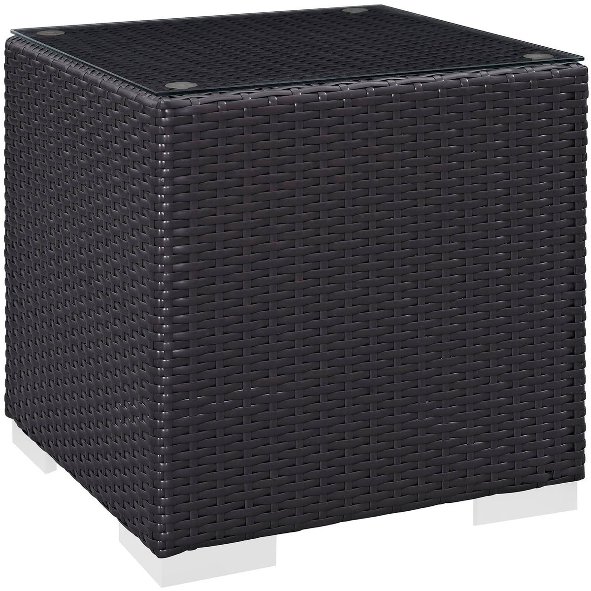 Espresso rattan outdoor cube side table with clear glass top and metal legs || EEI-1909-EXP || front_angle_studio