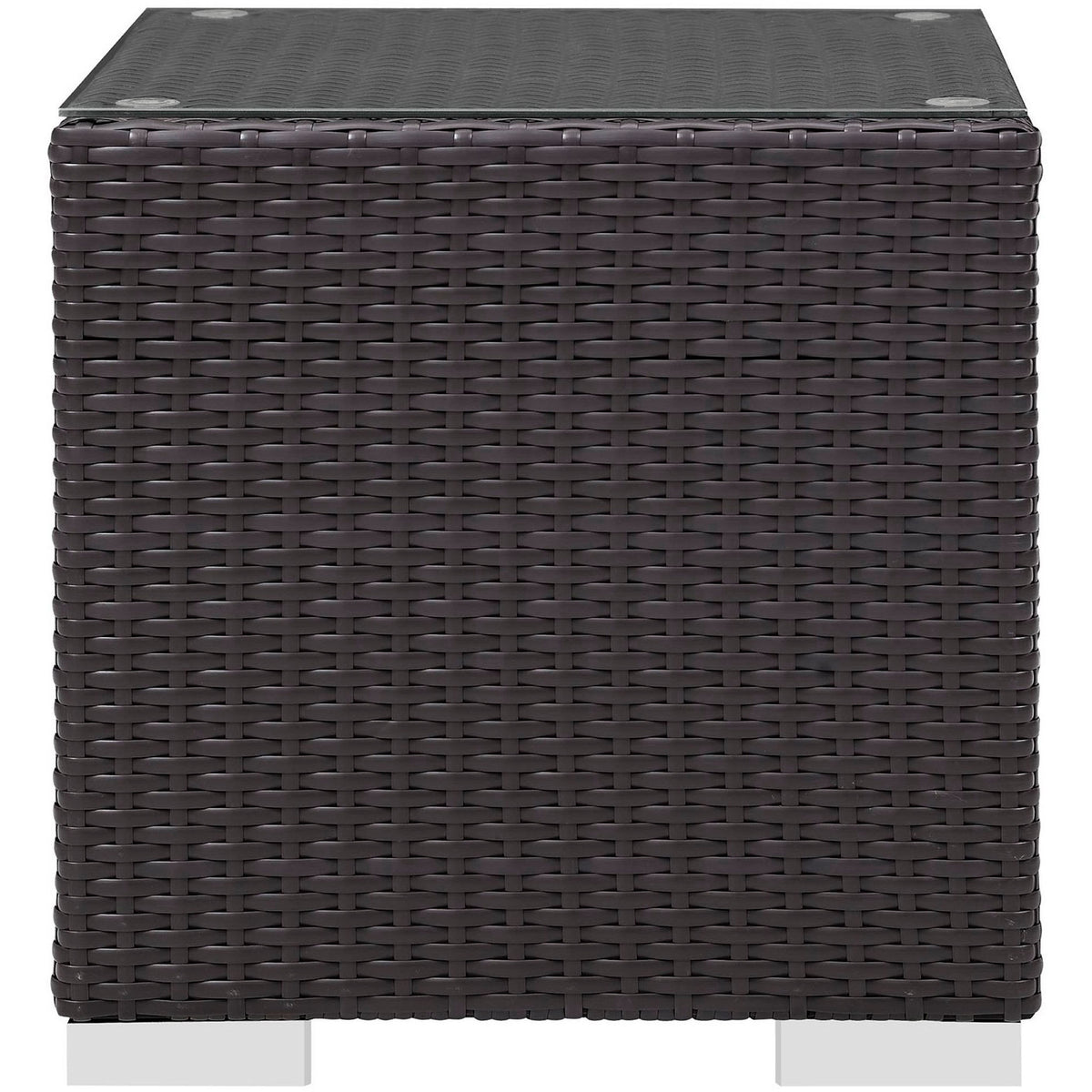 Side profile of espresso rattan side table with polished metal block legs || EEI-1909-EXP || side_studio