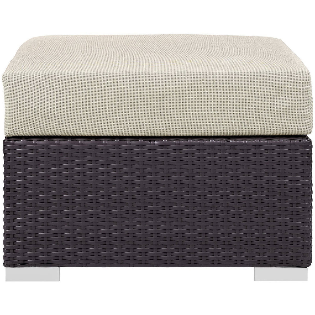 Contemporary square espresso rattan ottoman with tailored beige cushion for outdoor seating || EEI-1911-EXP-BEI || front_studio