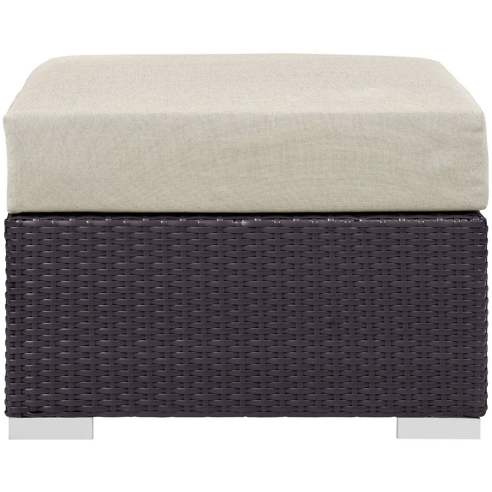 Contemporary square espresso rattan ottoman with tailored beige cushion for outdoor seating || EEI-1911-EXP-BEI || front_studio