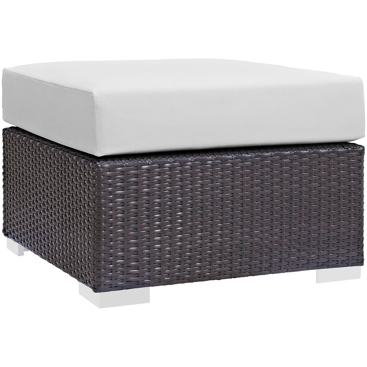 Espresso wicker patio ottoman with crisp white cushion and modern block feet || EEI-1911-EXP-WHI || front_angle_studio