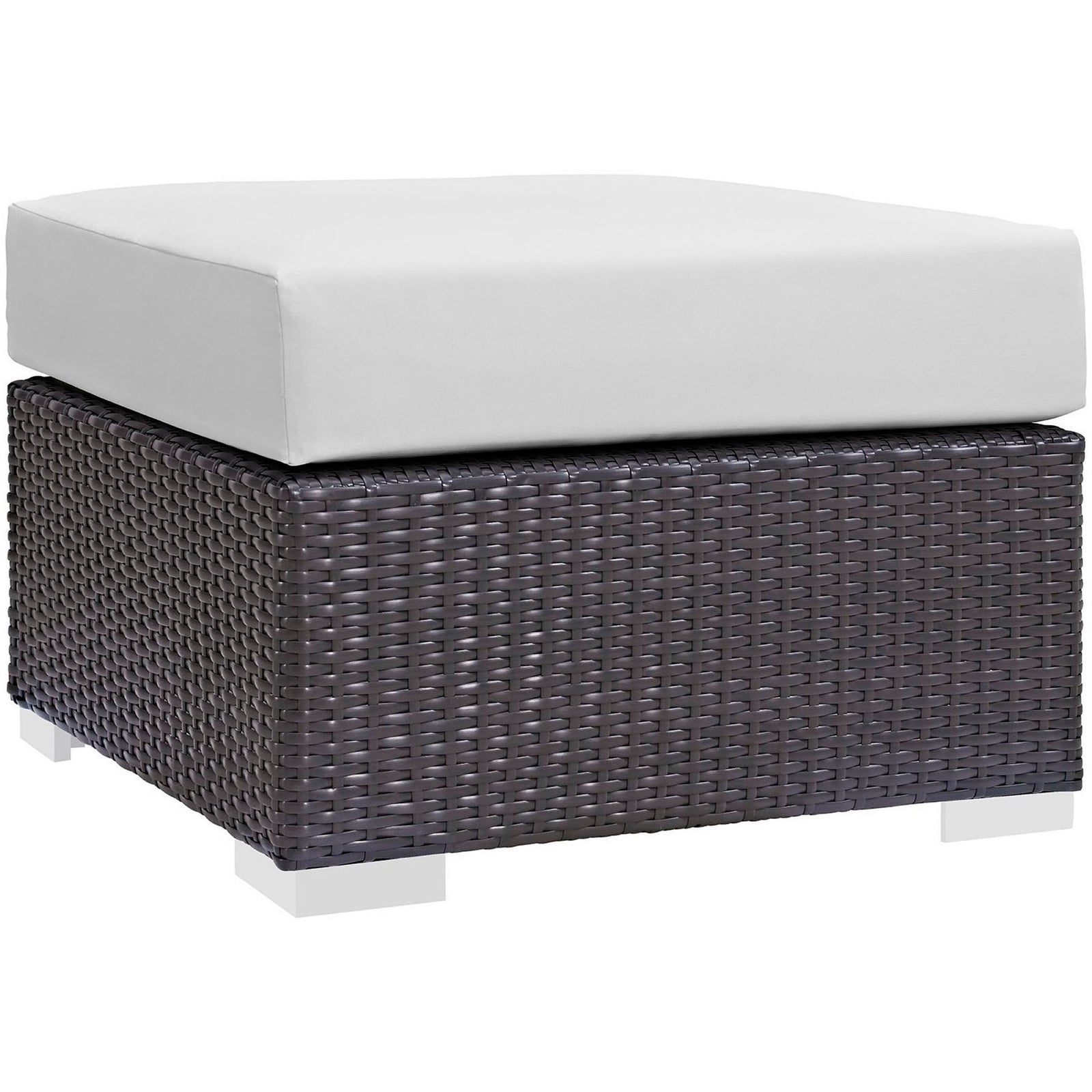 Espresso wicker patio ottoman with crisp white cushion and modern block feet || EEI-1911-EXP-WHI || front_angle_studio