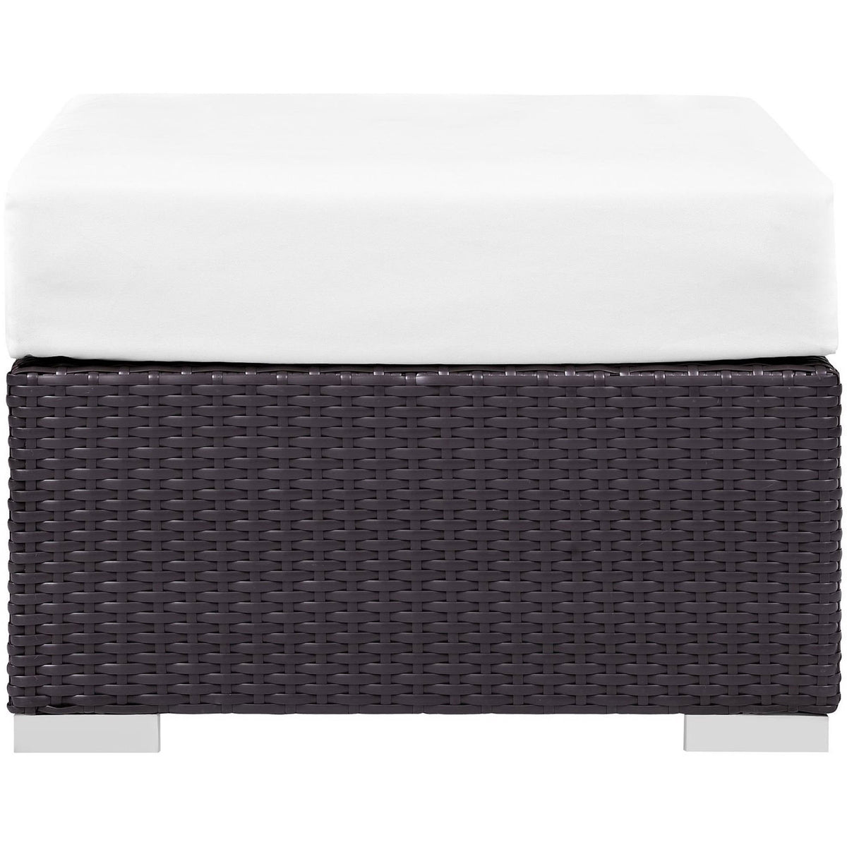 Contemporary square espresso rattan ottoman topped with a plush white cushion || EEI-1911-EXP-WHI || front_studio