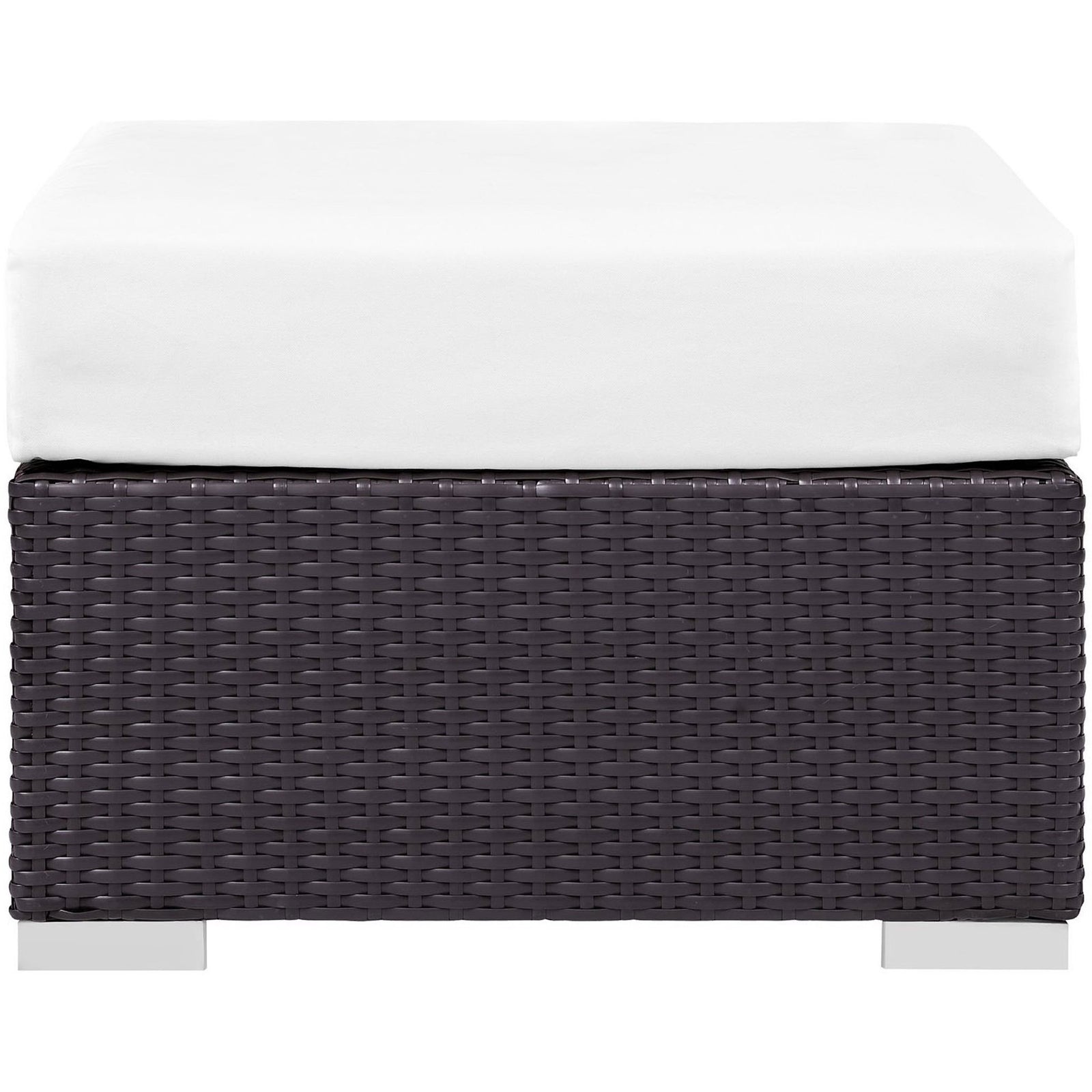 Contemporary square espresso rattan ottoman topped with a plush white cushion || EEI-1911-EXP-WHI || front_studio