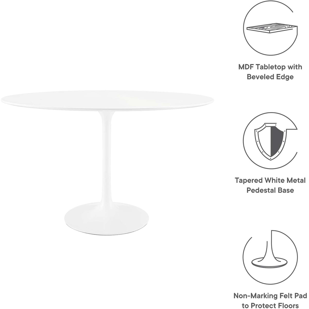 Key features of the 48-inch white oval dining table including MDF top, tapered base, and floor-friendly pad