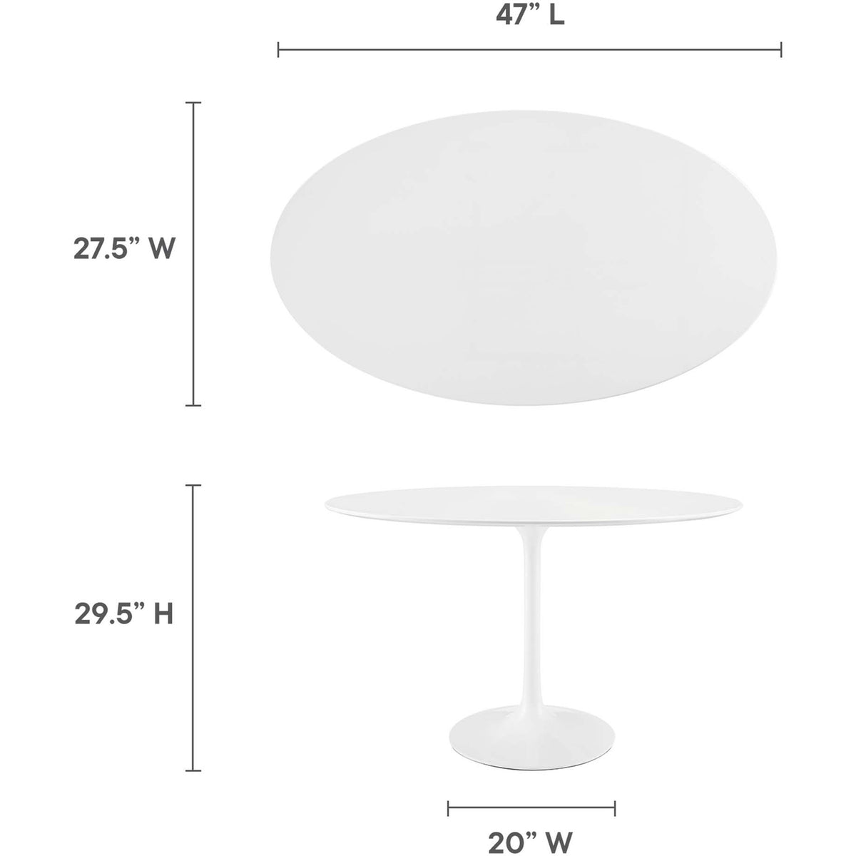 Dimensions of the 48-inch white oval dining table for four, ideal for compact breakfast nooks and dining areas