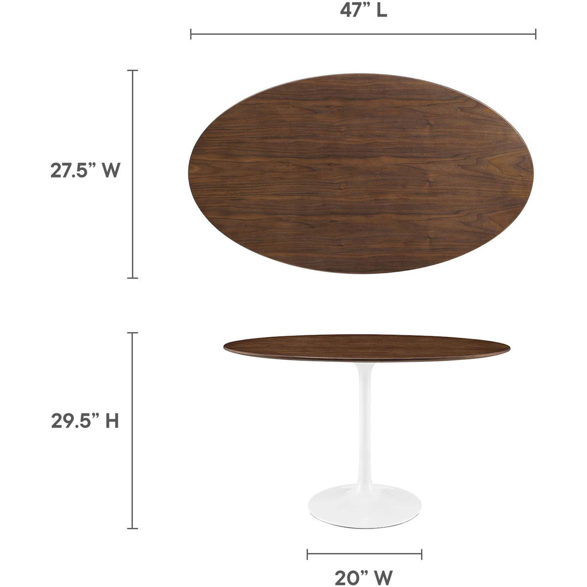 Dimensions for the 48-inch oval walnut pedestal dining table show generous surface and comfortable height