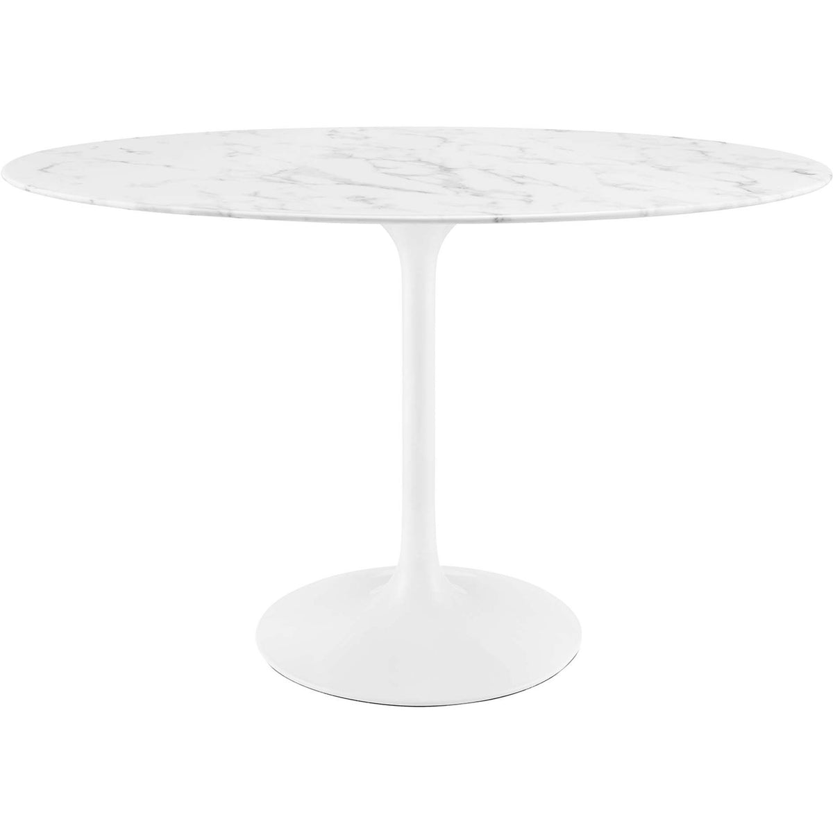 Compact white 48 inch oval faux marble dining table with sleek pedestal base for modern spaces || EEI-2021-WHI || front_studio