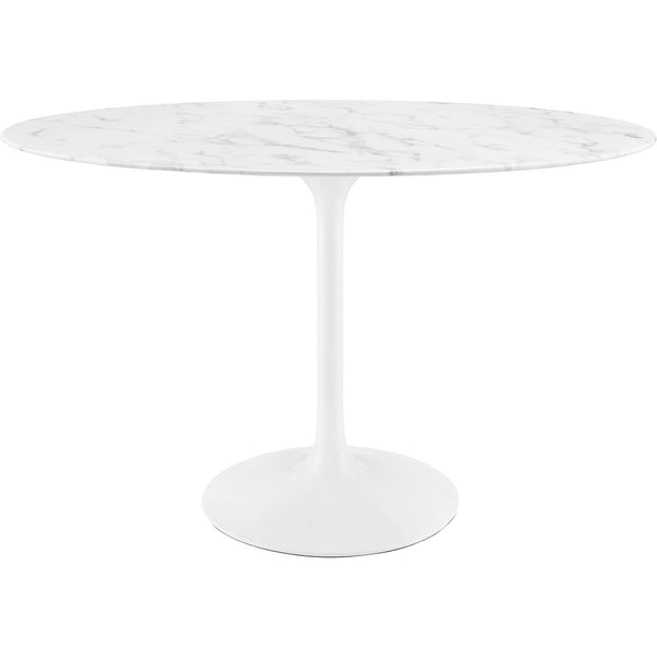 Compact white 48 inch oval faux marble dining table with sleek pedestal base for modern spaces || EEI-2021-WHI || front_studio