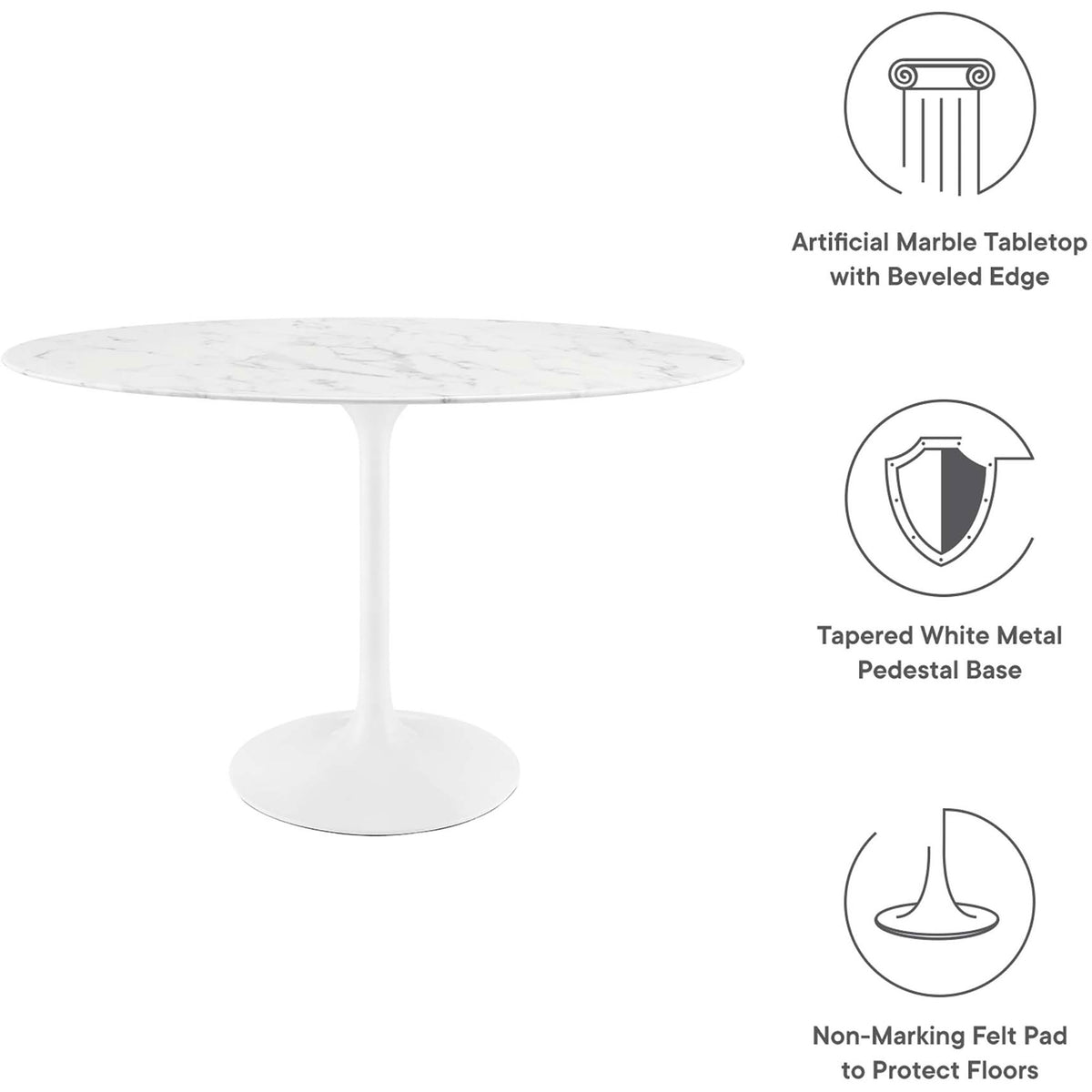 Feature graphic highlights the faux marble top, tapered pedestal base, and protective felt pad || EEI-2021-WHI || callout_studio