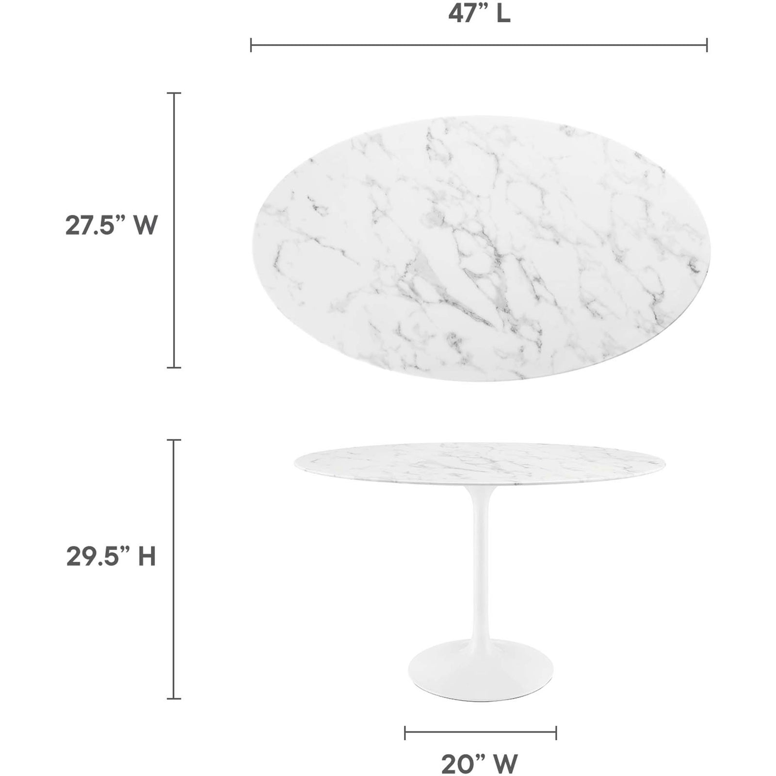 Size chart displays the 48 by 27.5 inch oval tabletop and overall height of this dining table || EEI-2021-WHI || dimension_studio