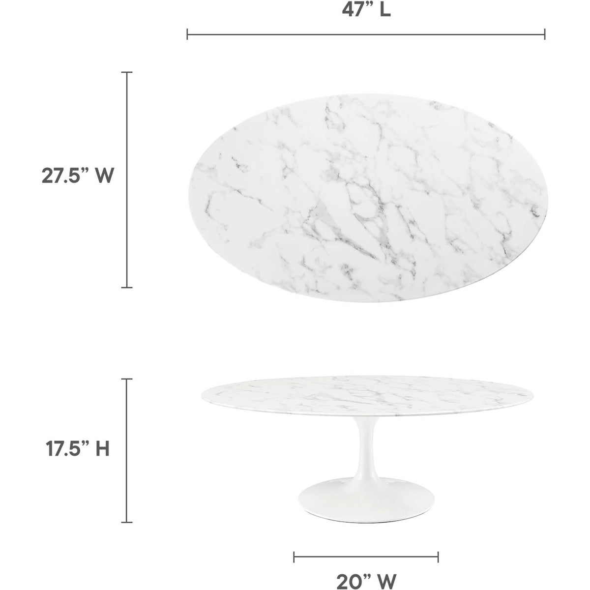 An elongated faux marble oval top and tapered base make a sleek centerpiece.