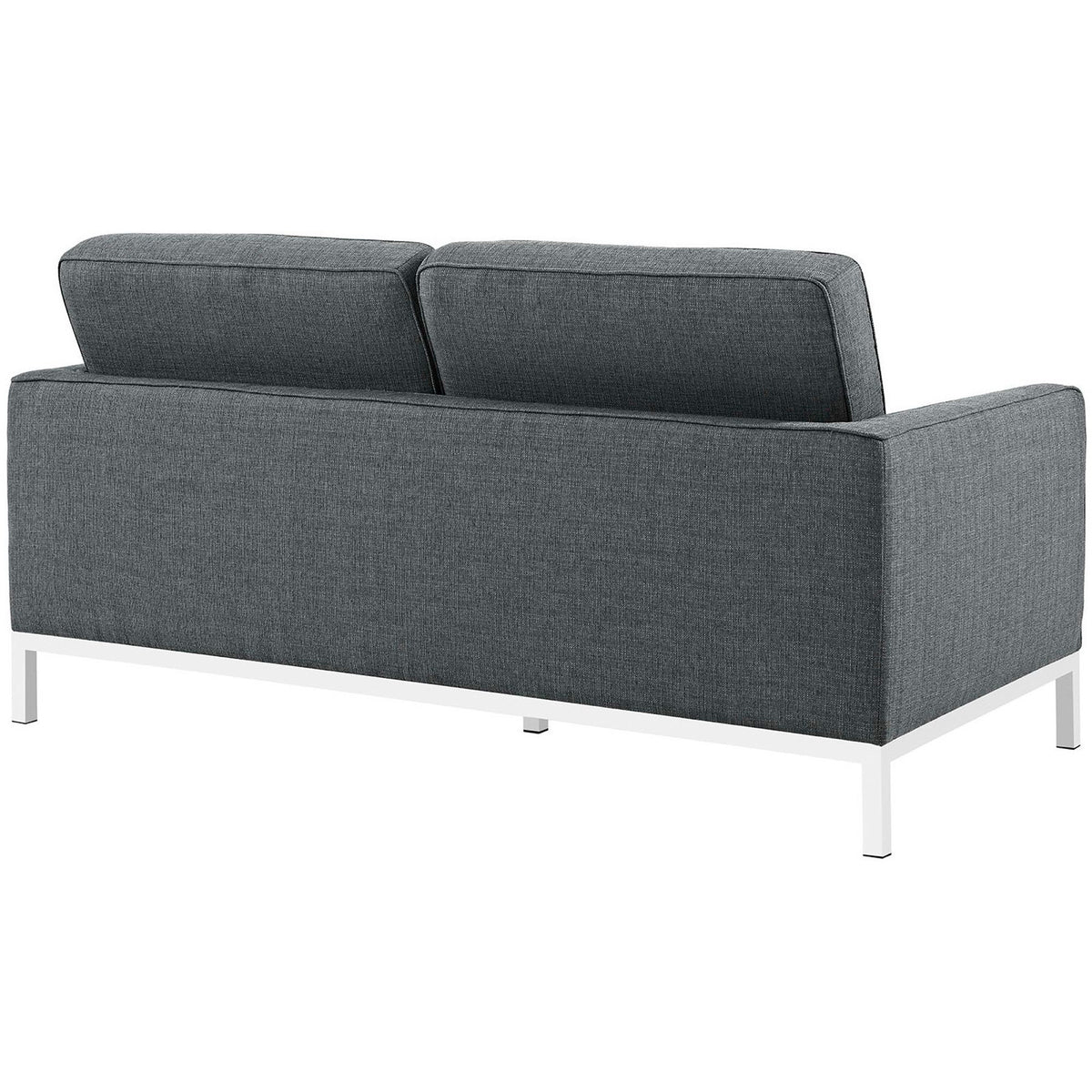 A tailored gray fabric back and boxy arms rest above a slender silver metal base.