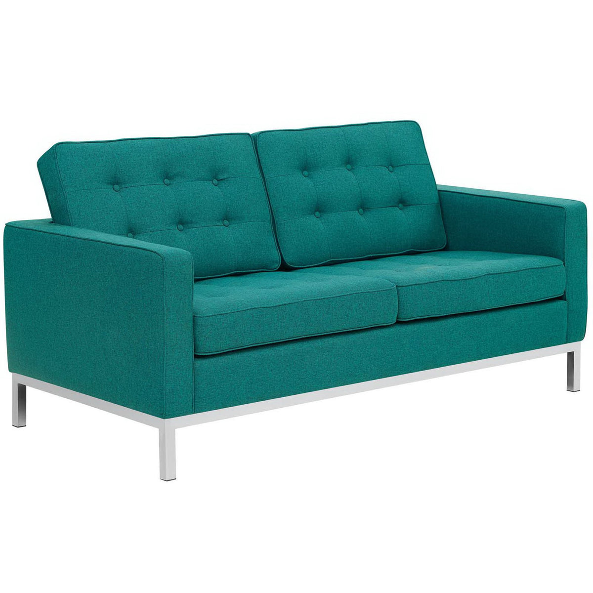 Plush teal seat cushions, tailored arms, and a clean metal base lend the loveseat a modern look.