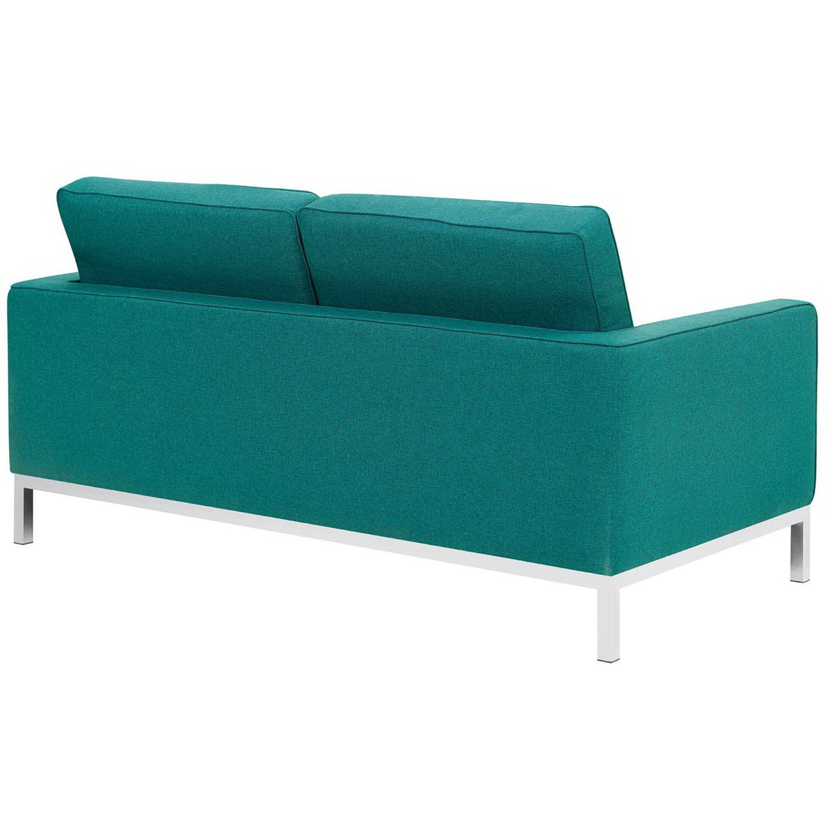 A smooth teal fabric back and squared arms complement the slim silver metal frame.