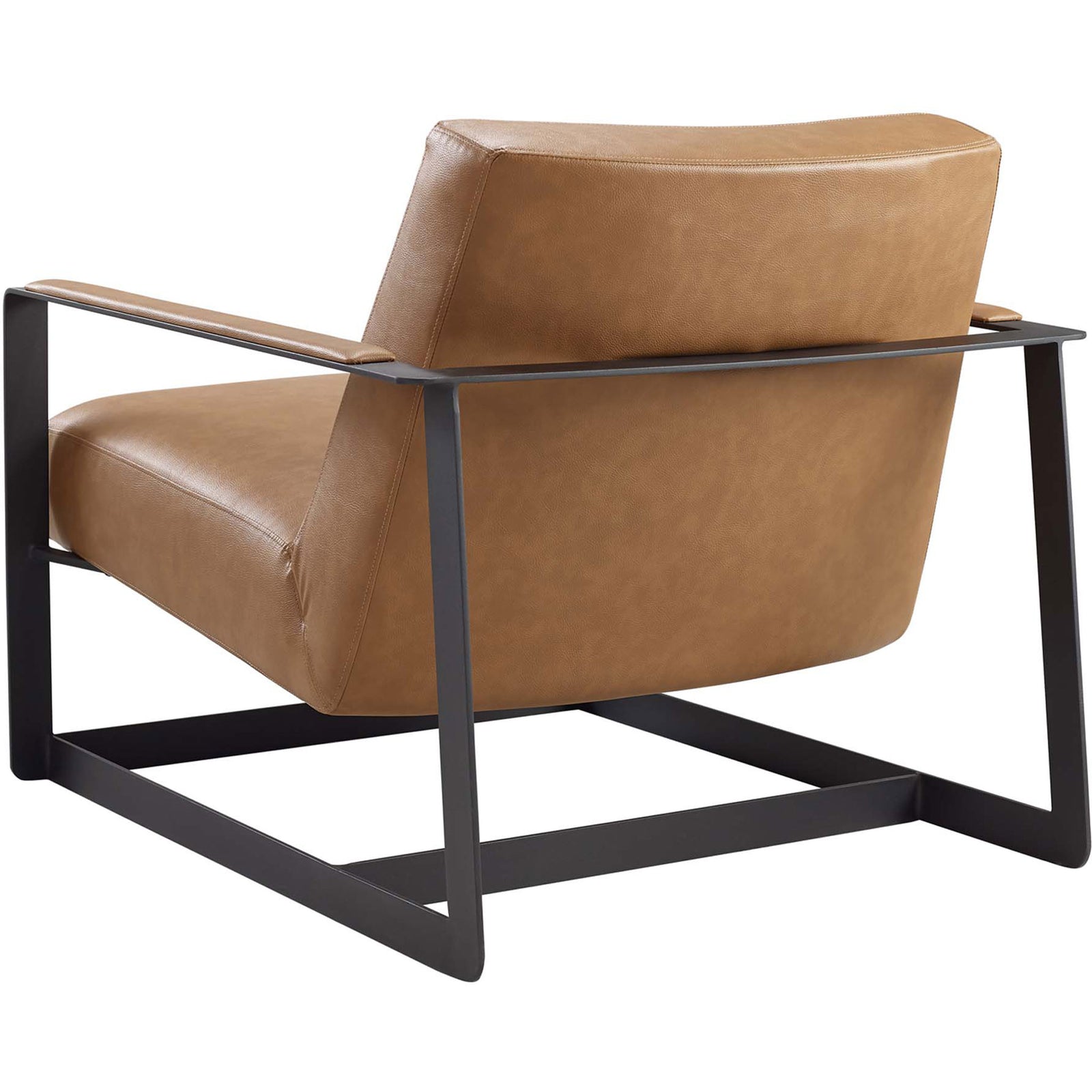 Supportive back cushion and wraparound frame deliver modern lines in tan vegan leather and matte black stainless steel || EEI-2075-TAN || back_angle_studio