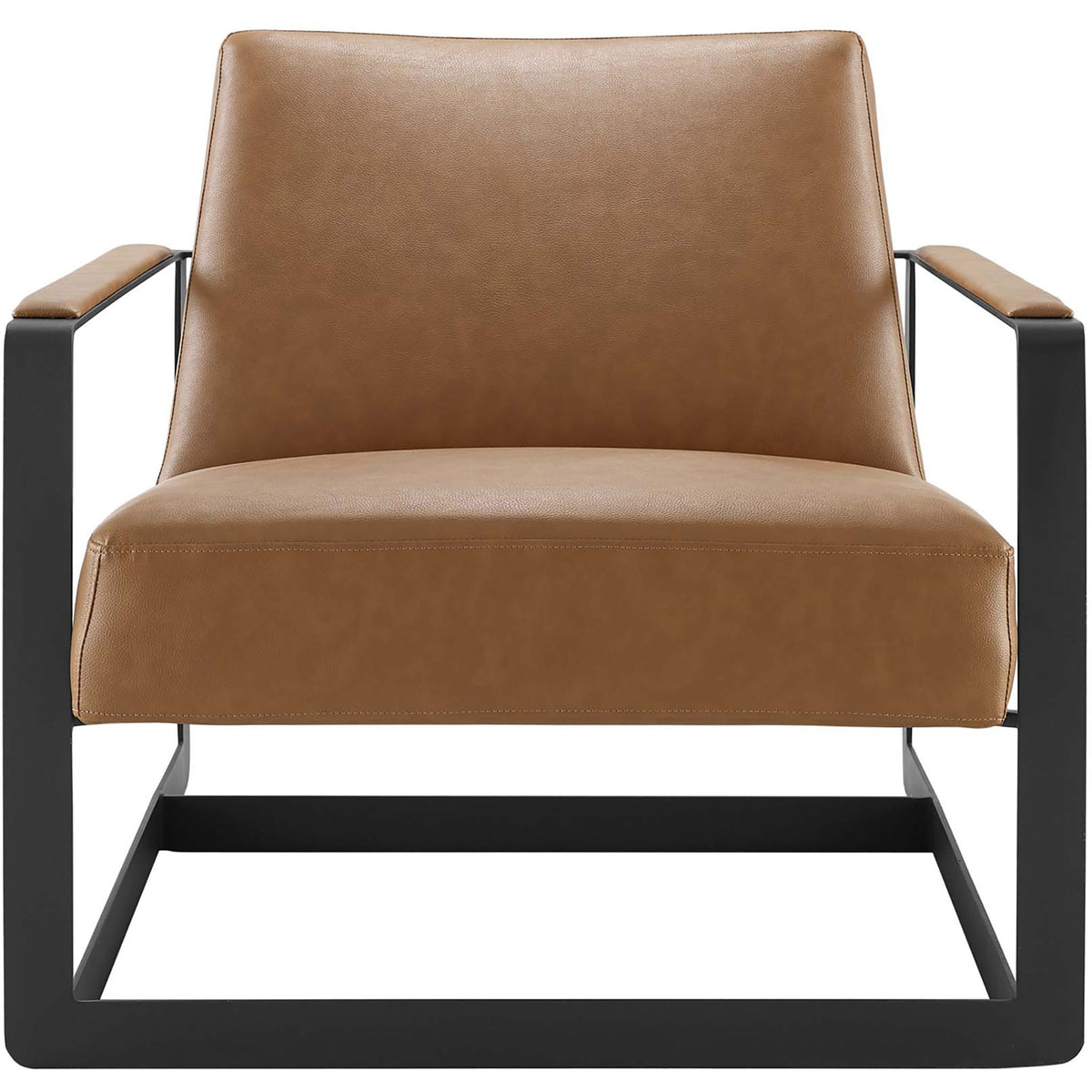 Generous seat and angled backrest create an inviting, contemporary accent chair in tan vegan leather || EEI-2075-TAN || front_studio
