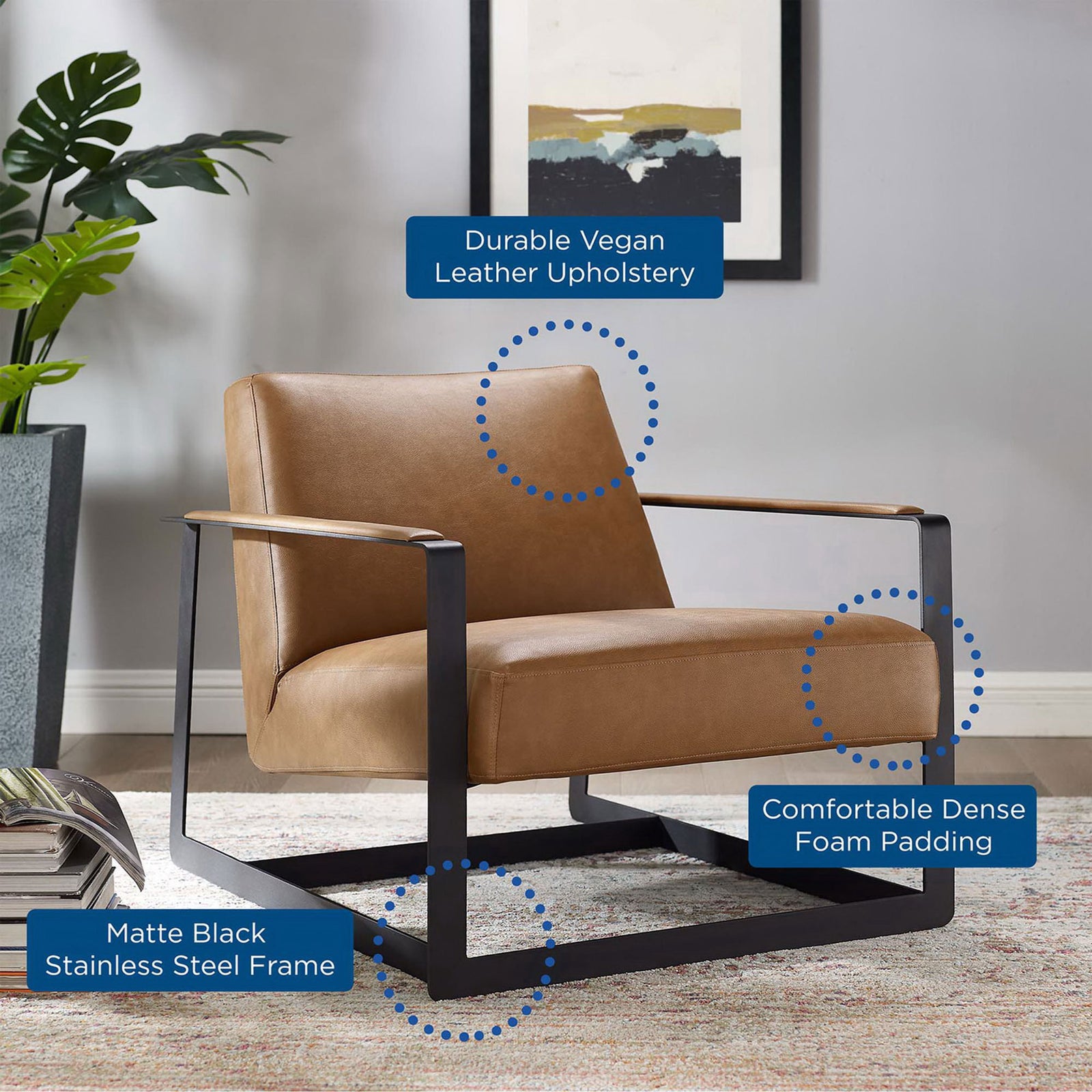 Durable vegan leather, dense foam cushioning, and a matte black stainless steel frame for lasting modern style || EEI-2075-TAN || callout_room