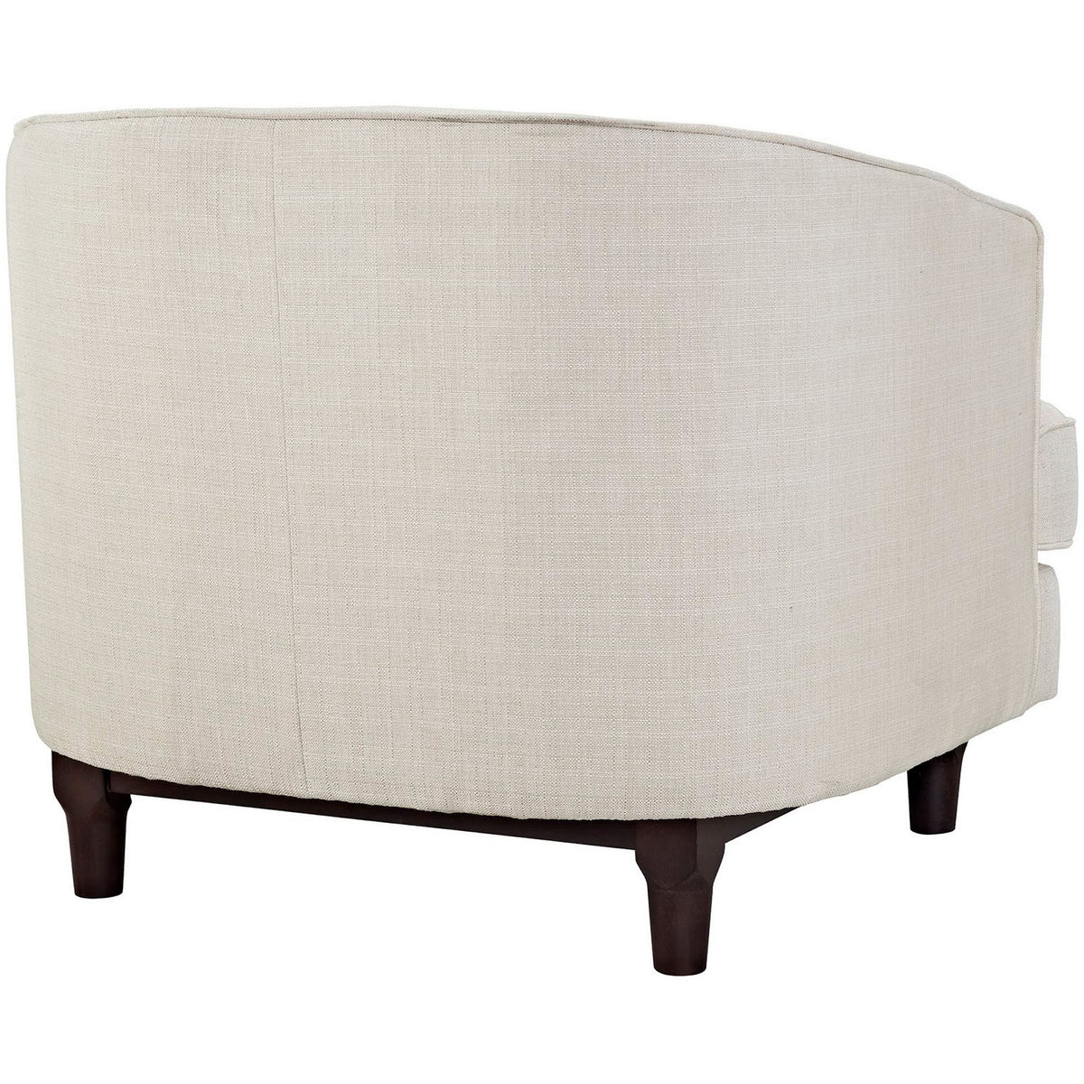 A smooth, curved back and tapered dark wood legs give this beige armchair a tailored look