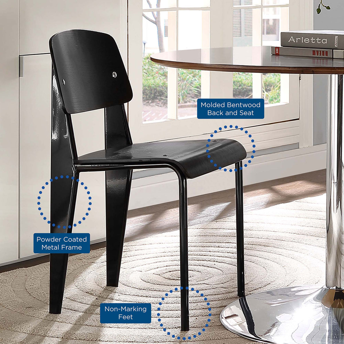 Black dining chair in a bright kitchen highlighting its bentwood seat, powder-coated frame, and non-marking feet || EEI-214-BLK-BLK || callout_room