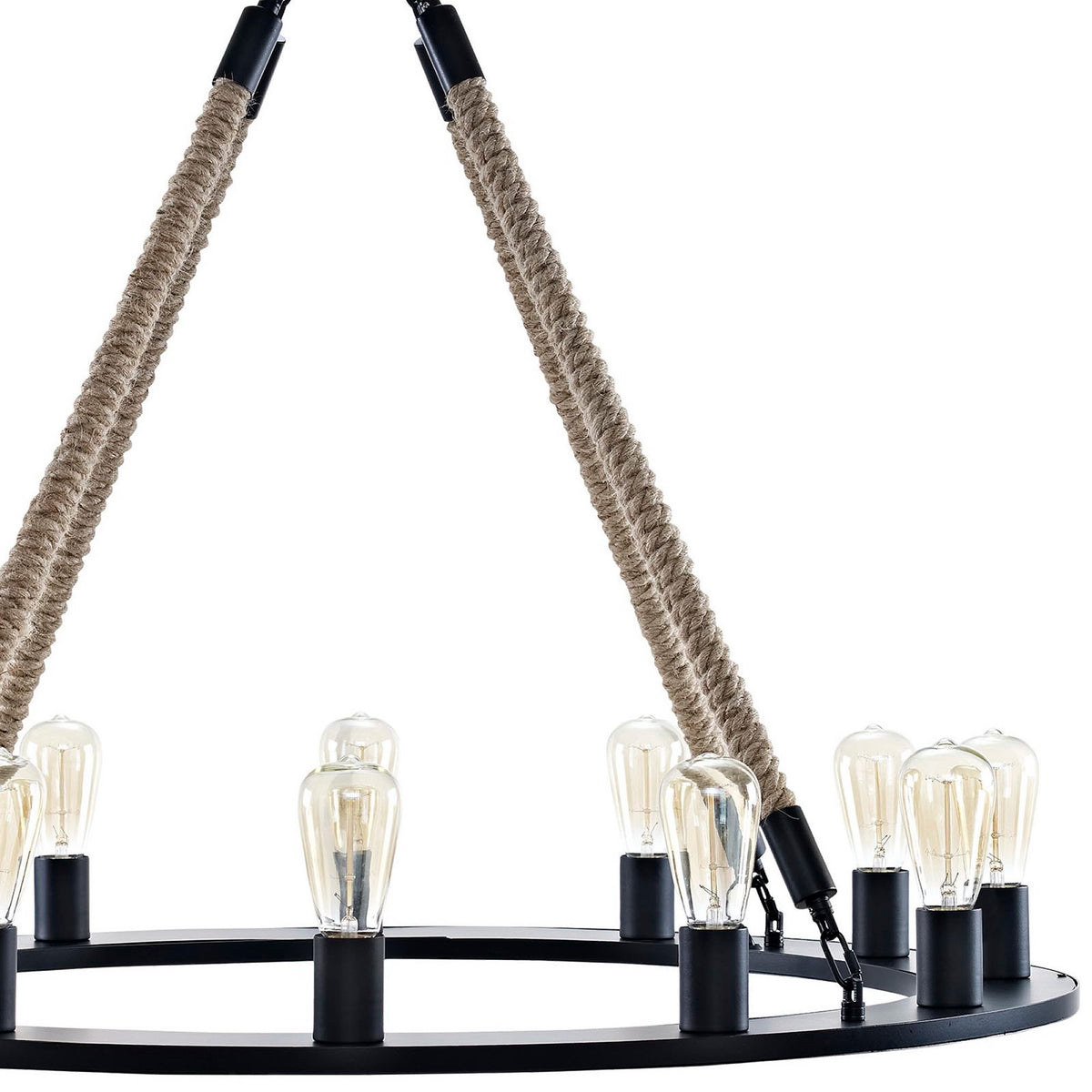 Black metal sockets and hooks anchor clear bulbs and thick rope along the circular frame