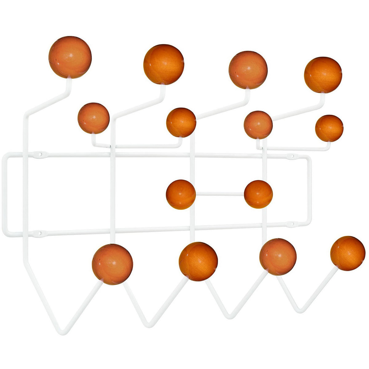 Curved white rods and warm wooden spheres offer plenty of places to hang coats and accessories