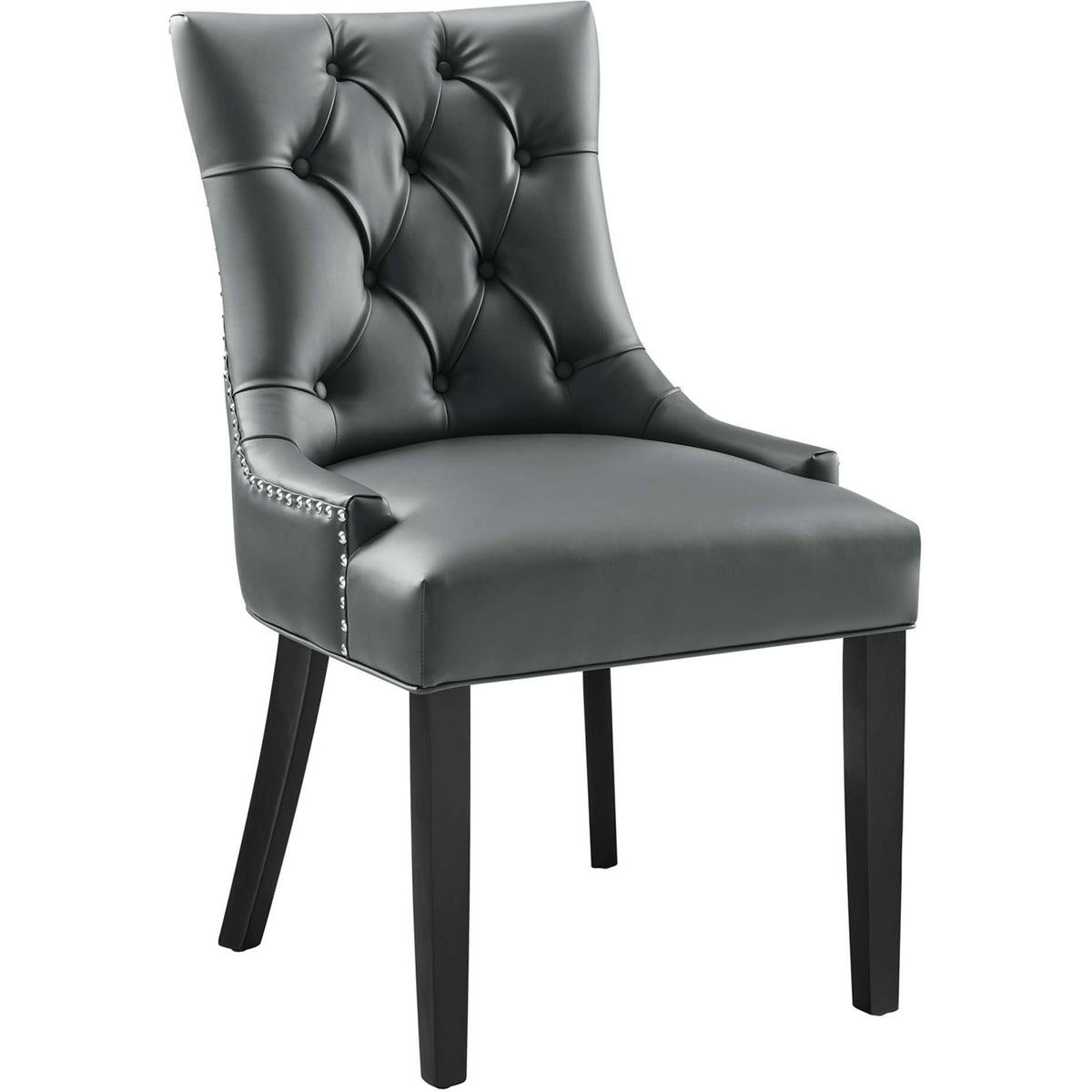Regent gray tufted vegan leather dining chair with graceful curved back and tapered espresso wood legs || EEI-2222-GRY || front_angle_studio