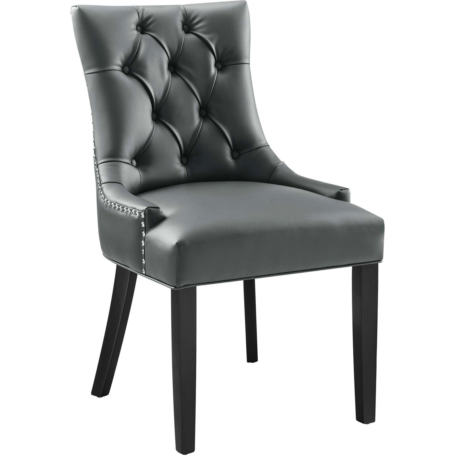 Regent gray tufted vegan leather dining chair with graceful curved back and tapered espresso wood legs || EEI-2222-GRY || front_angle_studio