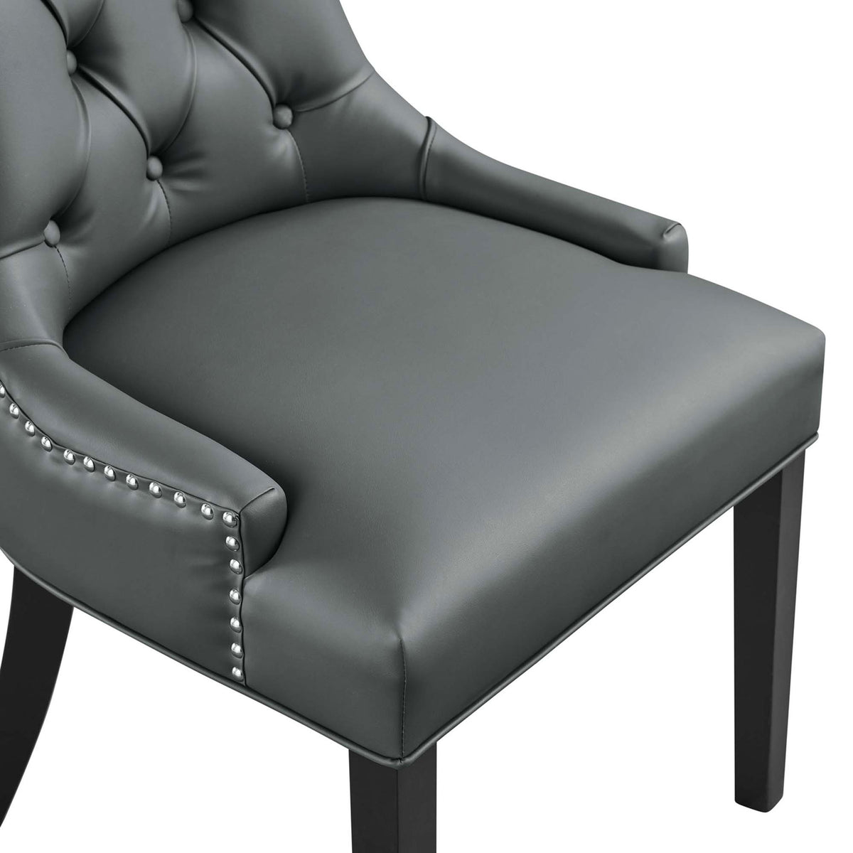 Gray vegan leather dining chair seat with dense foam cushioning and neatly tailored silver nailhead trim || EEI-2222-GRY || detail_studio