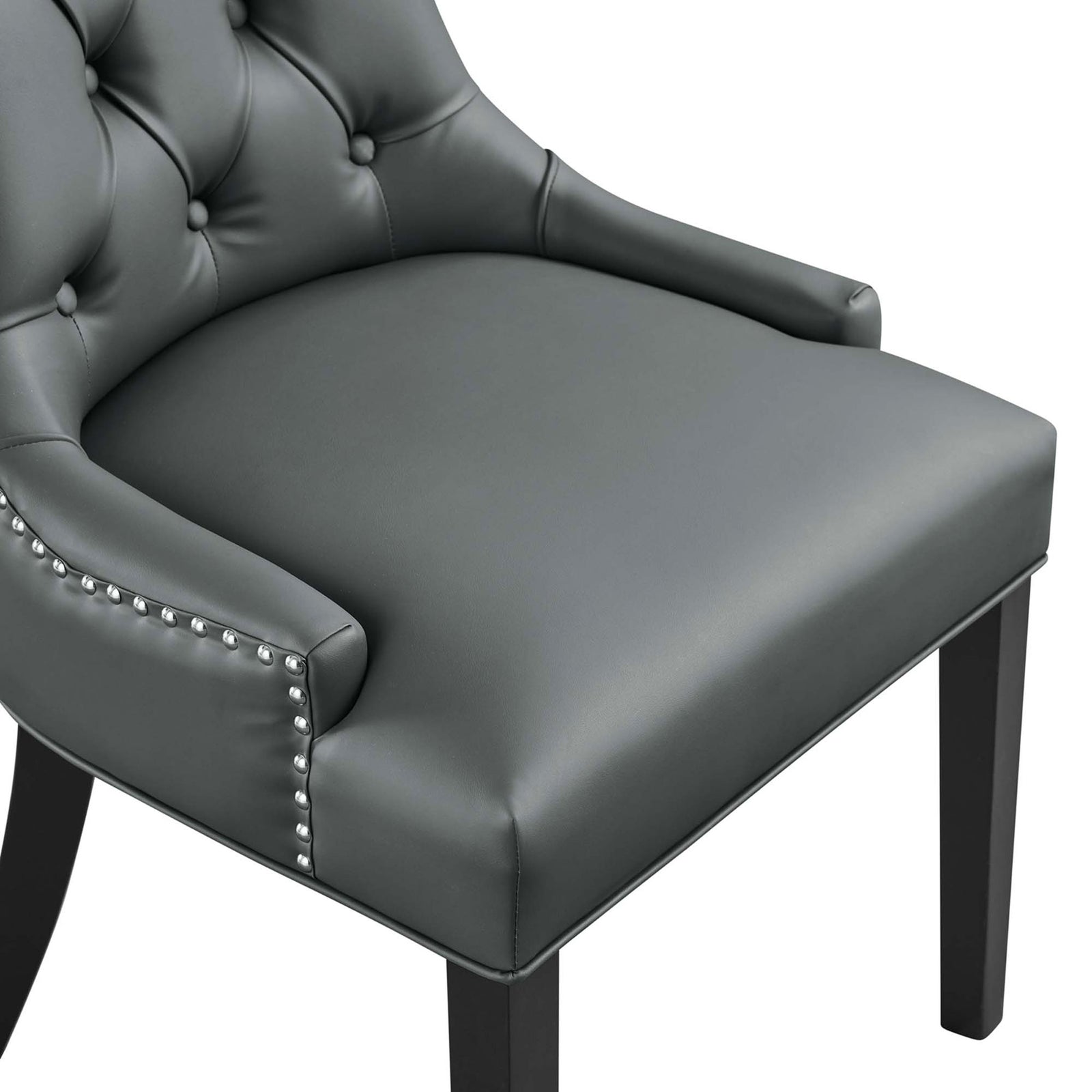 Gray vegan leather dining chair seat with dense foam cushioning and neatly tailored silver nailhead trim || EEI-2222-GRY || detail_studio
