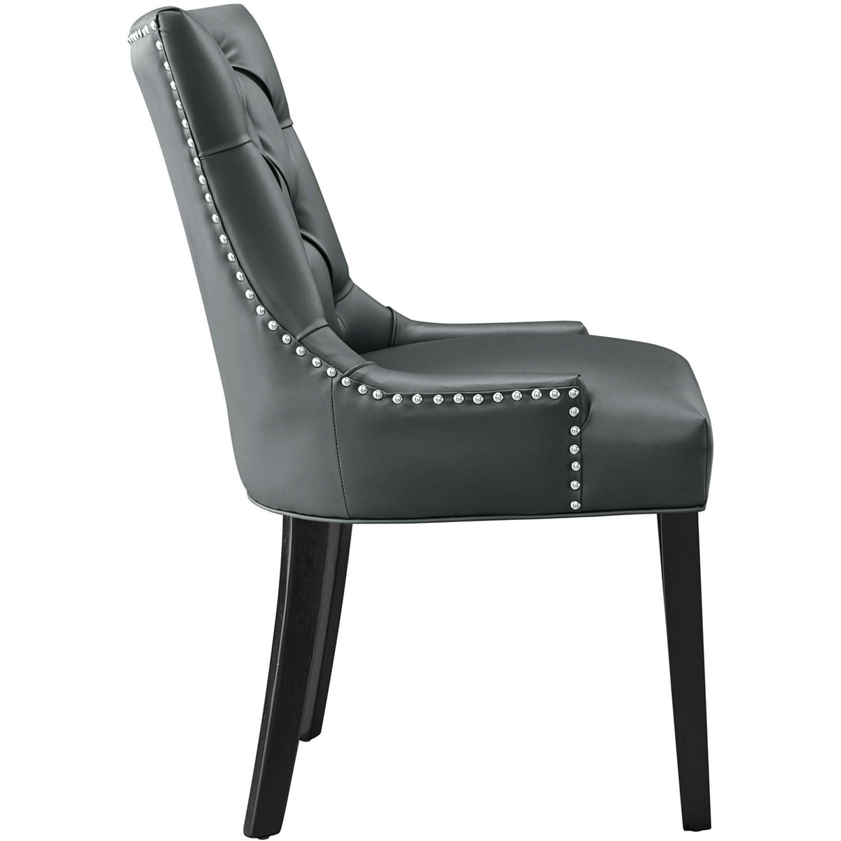 Gray vegan leather dining chair with sloping tufted backrest, nailhead trim, and generously cushioned seat || EEI-2222-GRY || side_studio