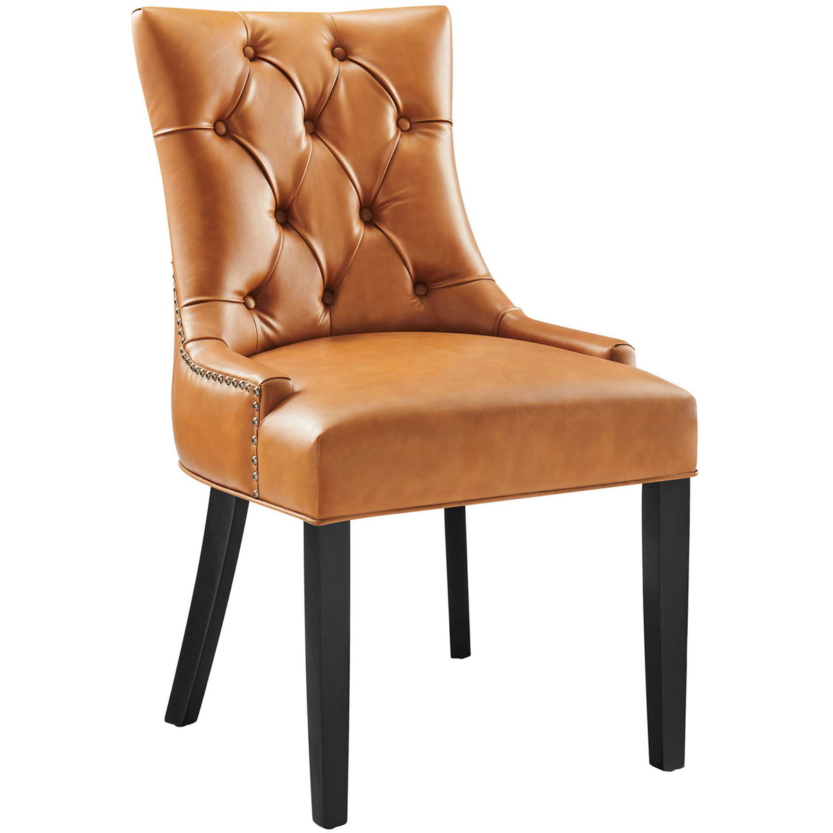 Tan tufted vegan leather dining chair with nailhead trim and black tapered wood legs || EEI-2222-TAN || front_angle_studio