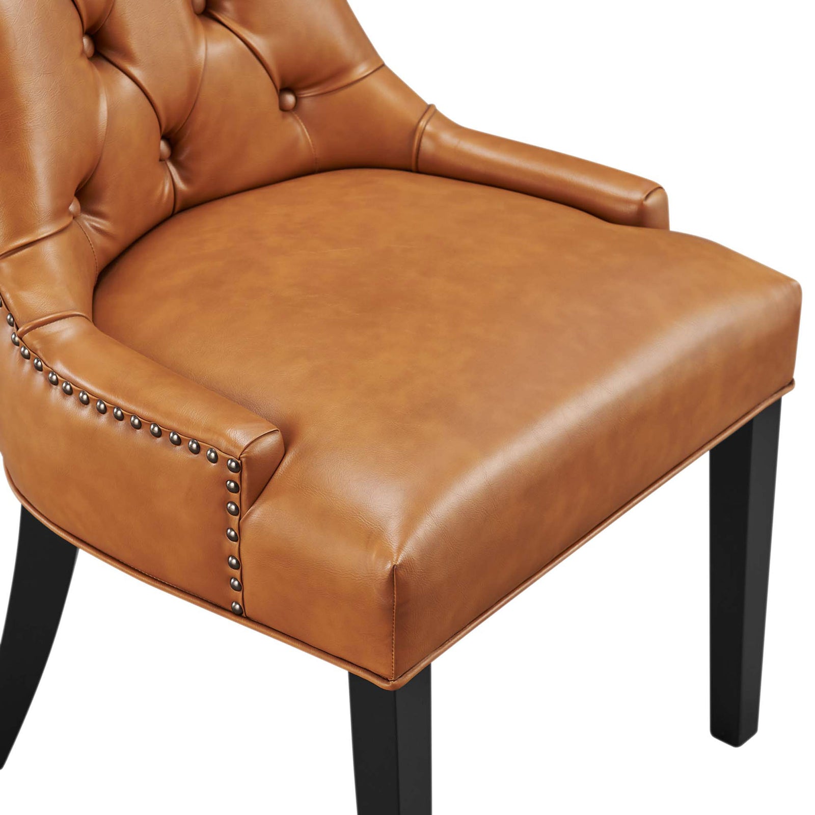 Padded tan vegan leather dining chair seat with metal nailhead accents along the sides || EEI-2222-TAN || detail_studio