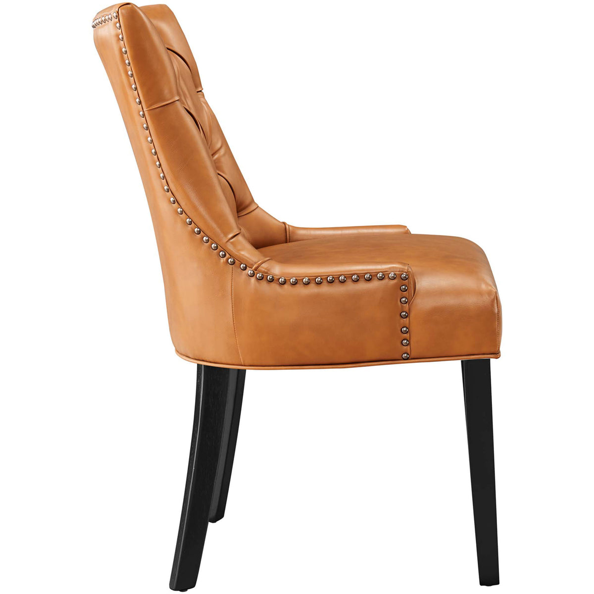 Tan vegan leather dining chair showing curved tufted back, smooth seat, and studded trim || EEI-2222-TAN || side_studio