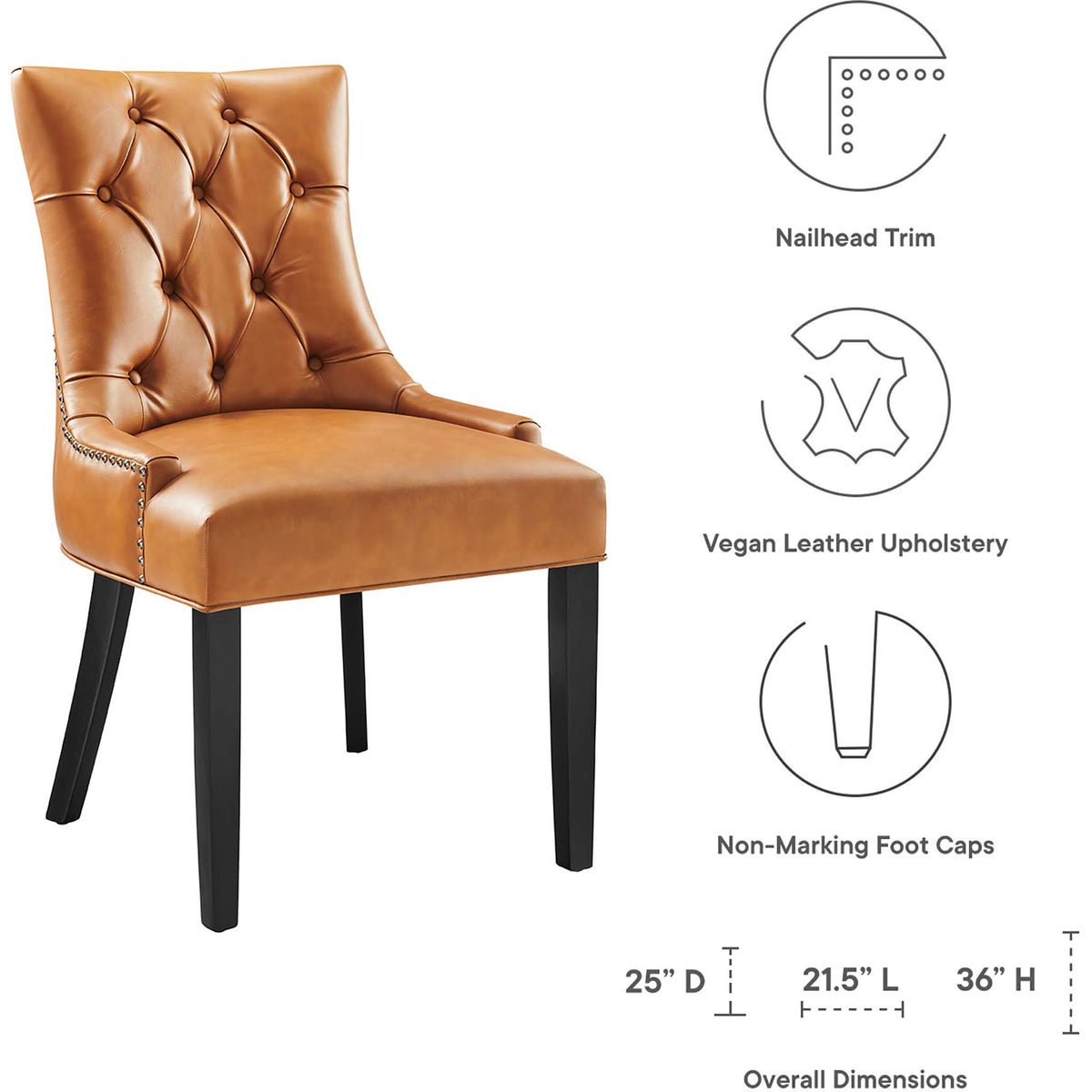Tan tufted vegan leather dining chair with nailhead trim and icons highlighting dimensions and features || EEI-2222-TAN || dimension_studio