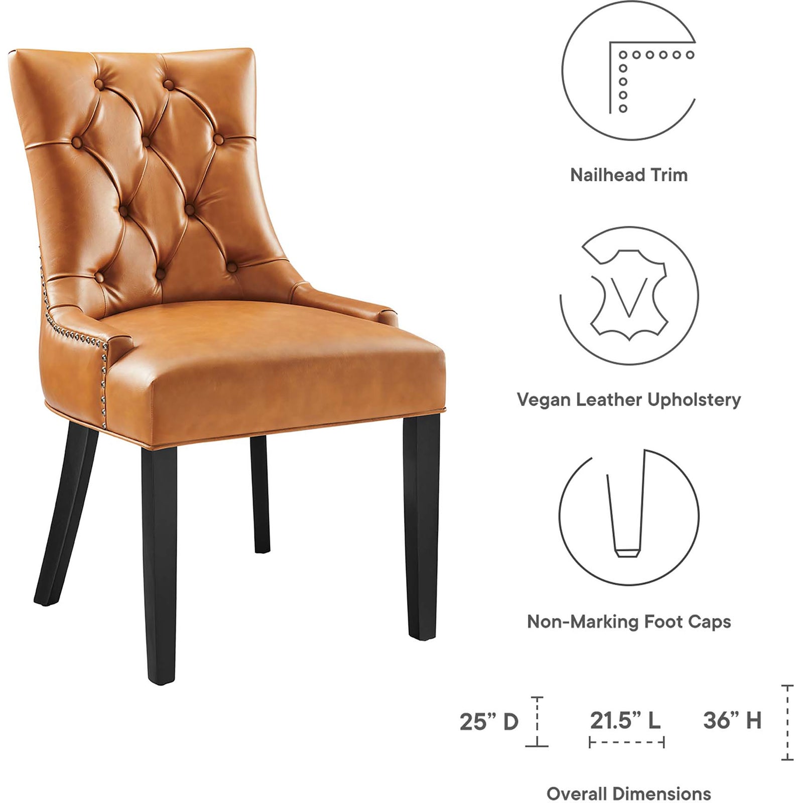 Tan tufted vegan leather dining chair with nailhead trim and icons highlighting dimensions and features || EEI-2222-TAN || dimension_studio