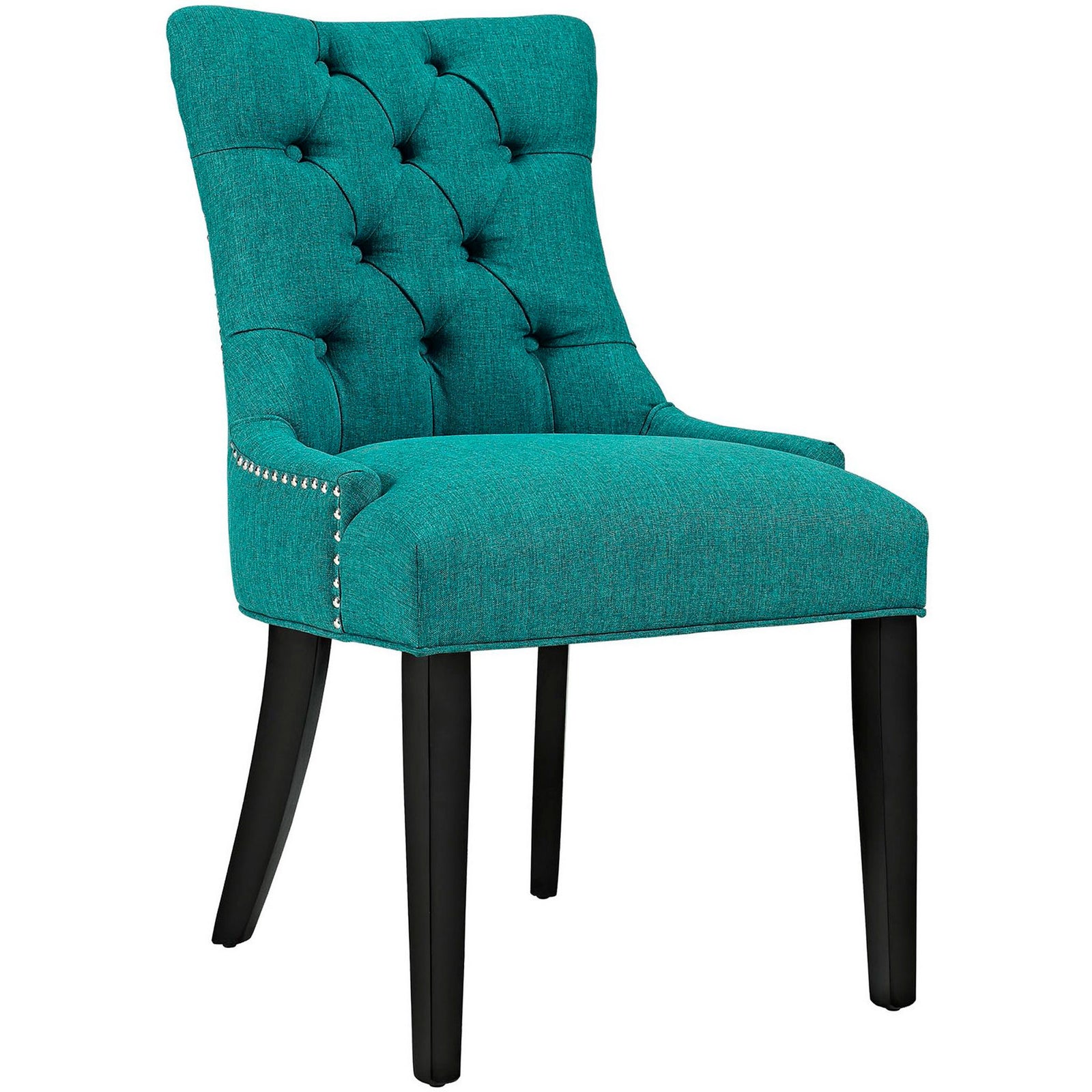Teal tufted dining chair with plush cushioned seat and dark wood legs for refined comfort || EEI-2223-TEA || front_angle_studio