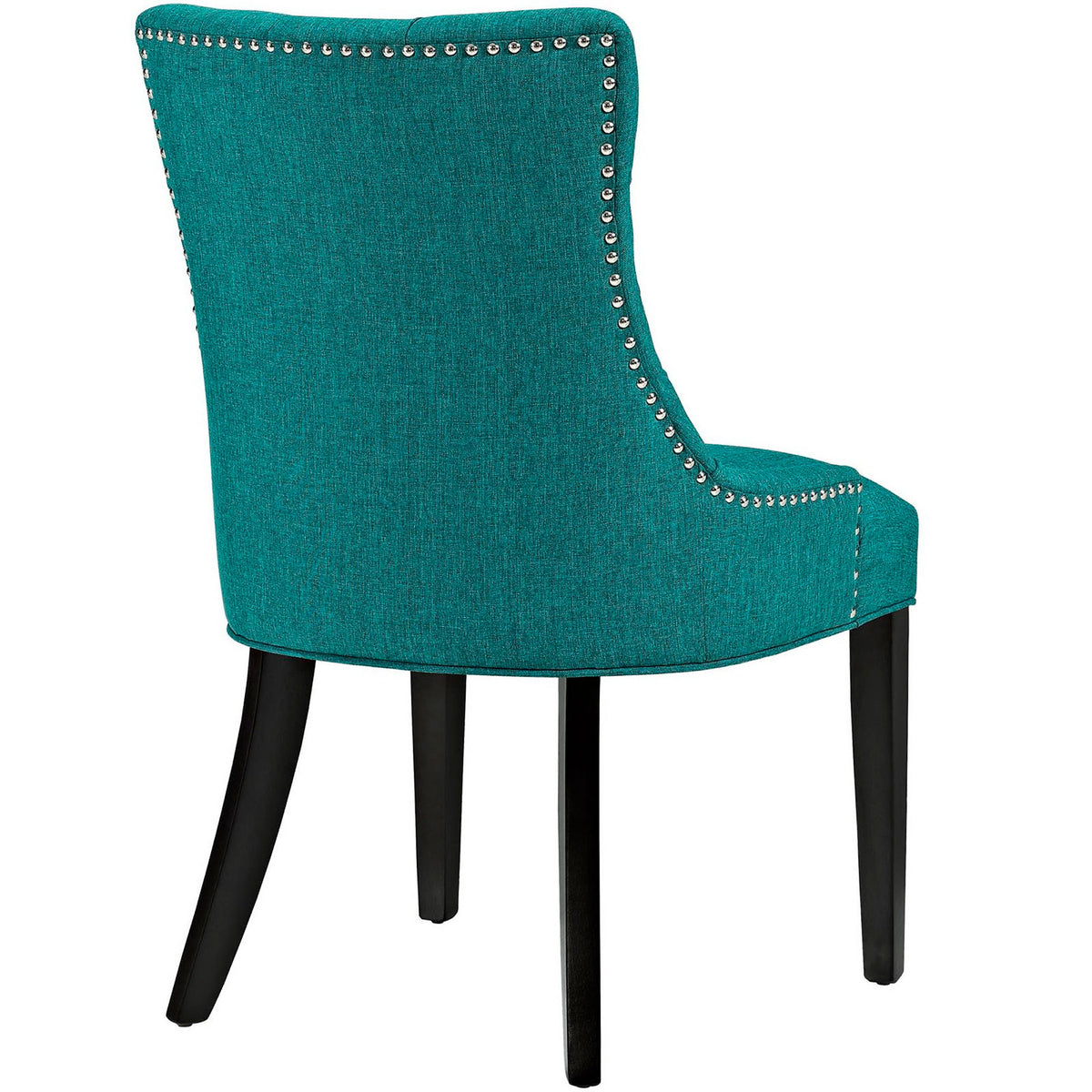Teal dining chair showcasing button-tufted backrest, nailhead detailing, and smooth upholstered curves || EEI-2223-TEA || back_angle_studio