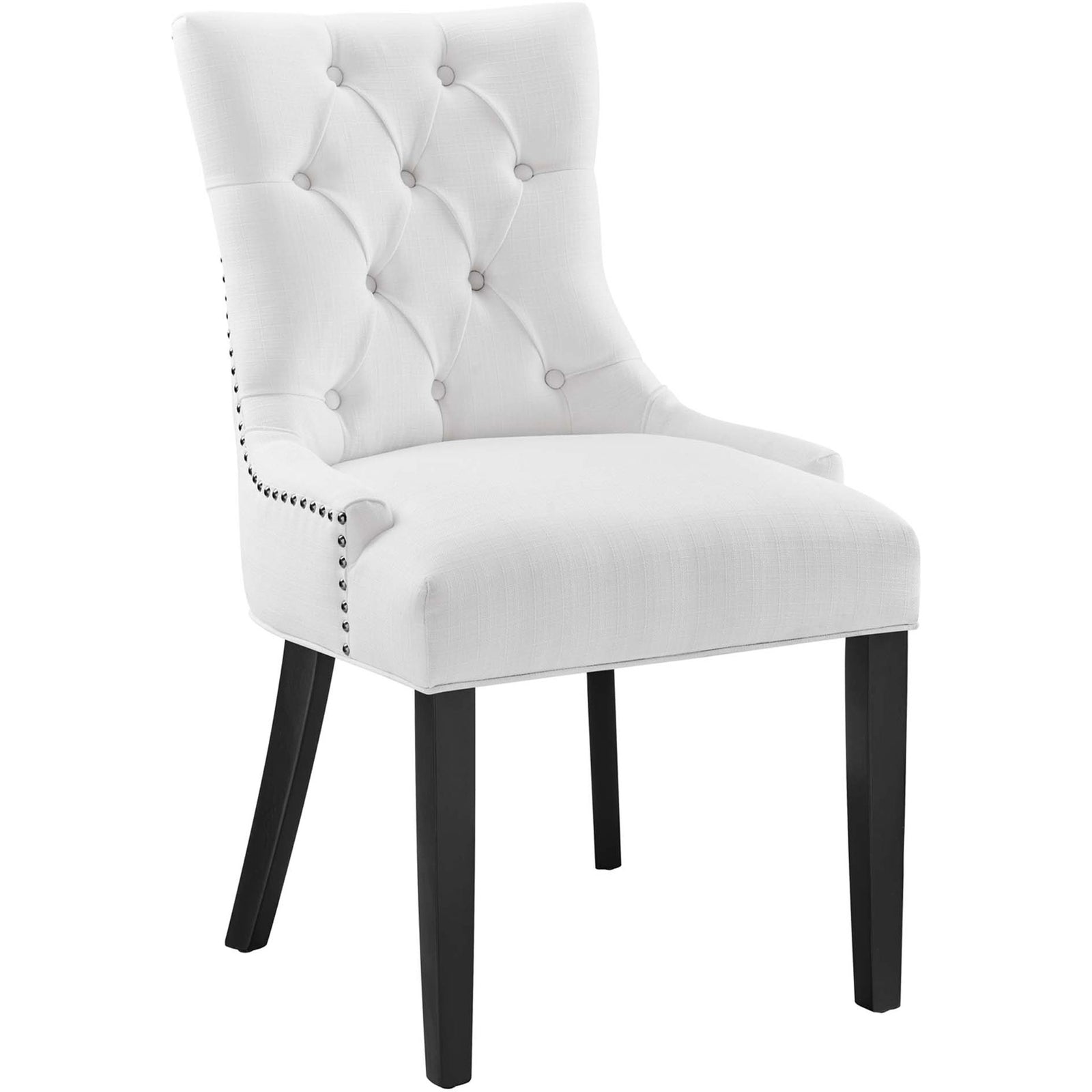 Tufted white dining chair with curved backrest, nailhead sides, and dark wood legs || EEI-2223-WHI || front_angle_studio