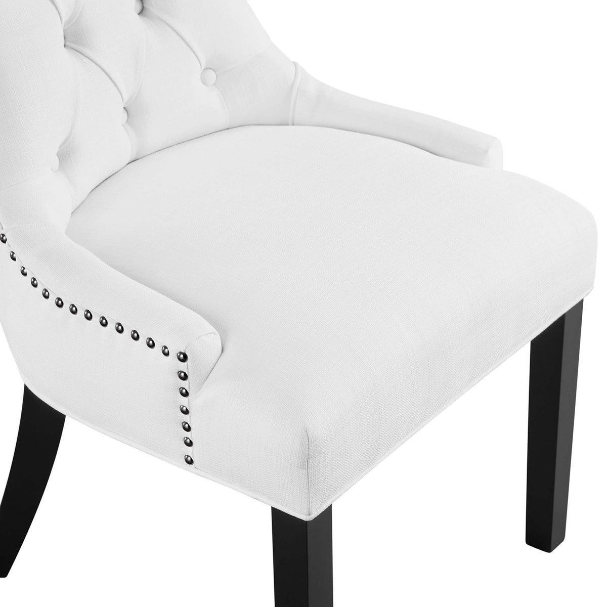 White fabric dining chair seat with dense foam cushioning and double-row nailhead trim || EEI-2223-WHI || detail_studio
