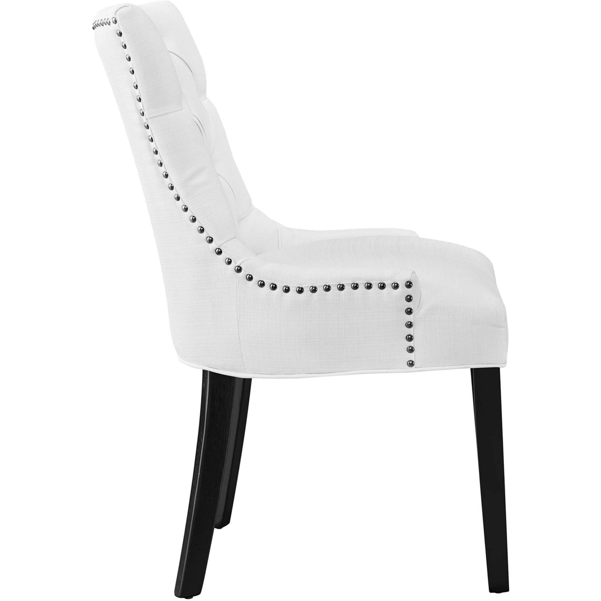 White upholstered dining chair with gently curved back, plush padding, and dark tapered legs || EEI-2223-WHI || side_studio