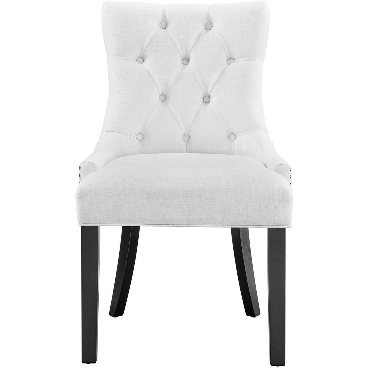 White tufted dining chair with padded seat, nailhead trim, and dark wood legs || EEI-2223-WHI || front_studio