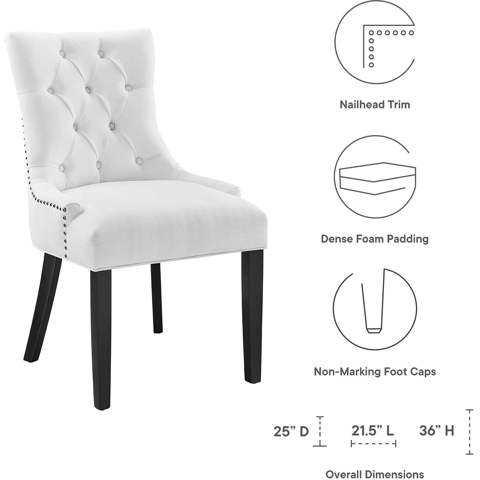 White tufted dining chair with callouts for nailhead trim, foam padding, foot caps, and overall dimensions || EEI-2223-WHI || dimension_studio