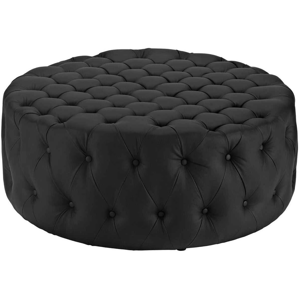 Plush black tufted round ottoman adds bold modern style and cushioned comfort to your living space || EEI-2224-BLK || front_studio
