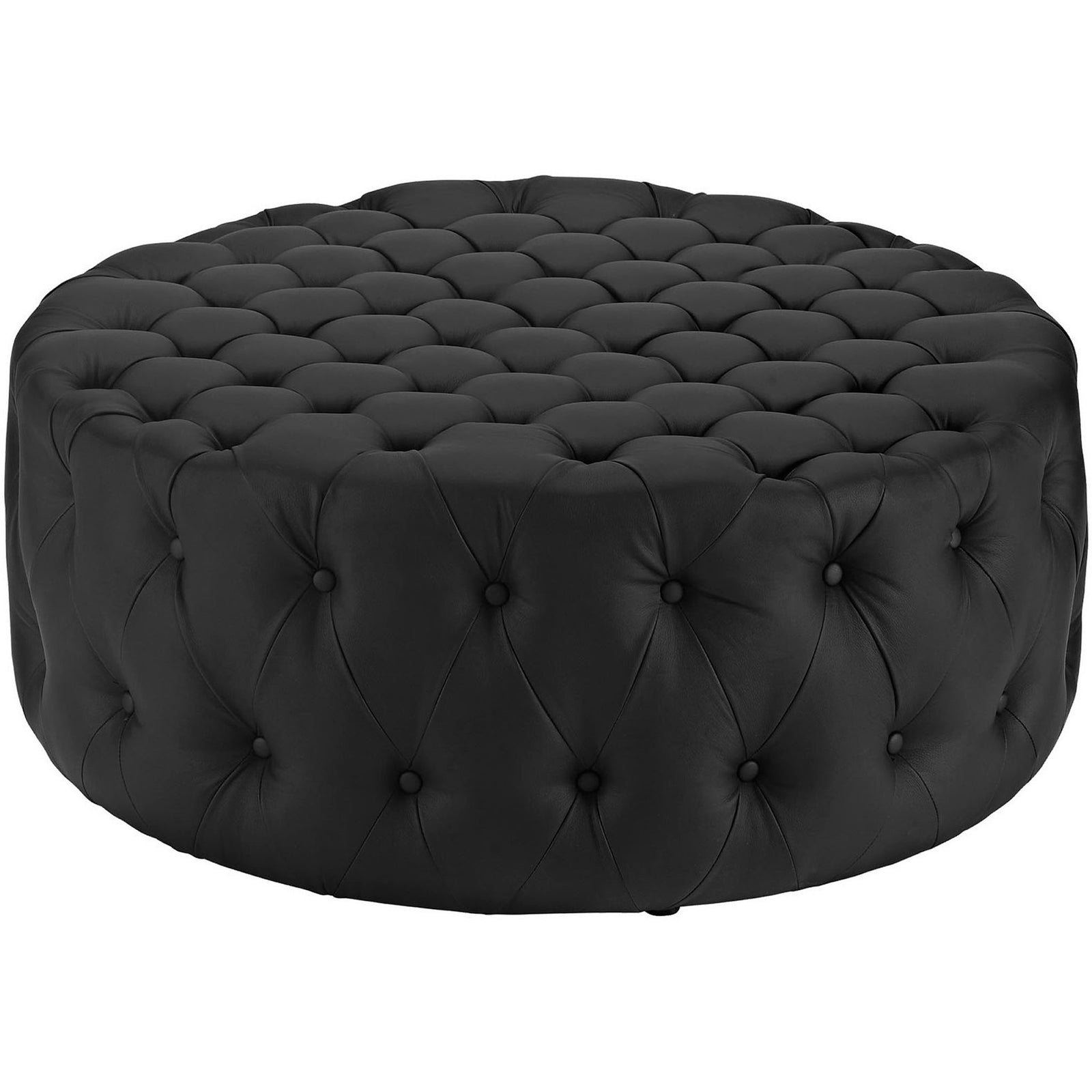 Plush black tufted round ottoman adds bold modern style and cushioned comfort to your living space || EEI-2224-BLK || front_studio