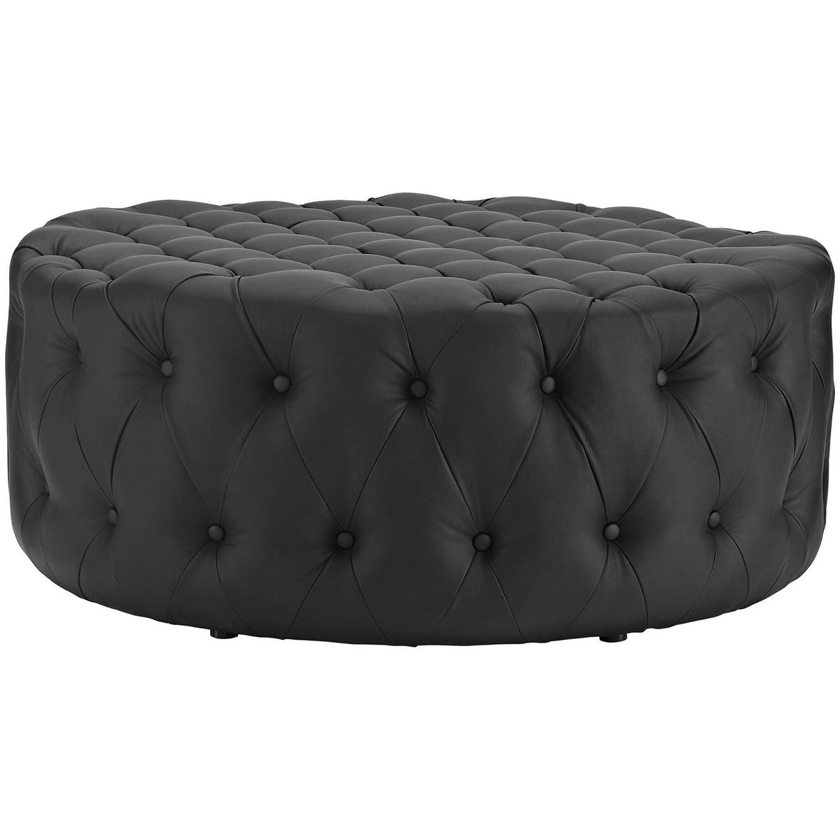 Low profile black tufted ottoman showcases its round silhouette and deep button detailing for luxe appeal || EEI-2224-BLK || front_angle_studio