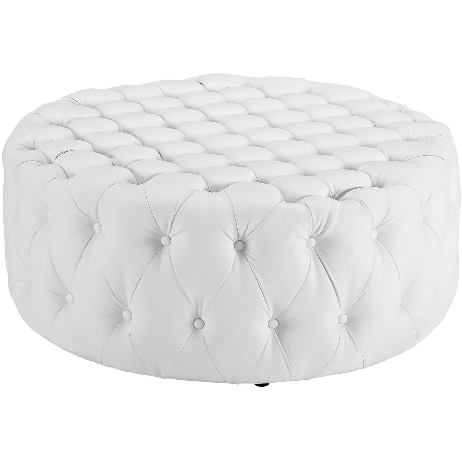 Tufted round white ottoman with plush foam padding and button detailing || EEI-2224-WHI || front_angle_studio