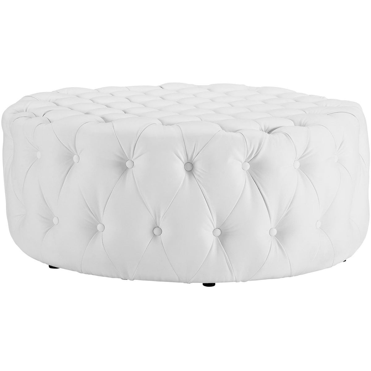 Low-profile round white ottoman showcasing allover button tufting and smooth vinyl upholstery || EEI-2224-WHI || side_studio