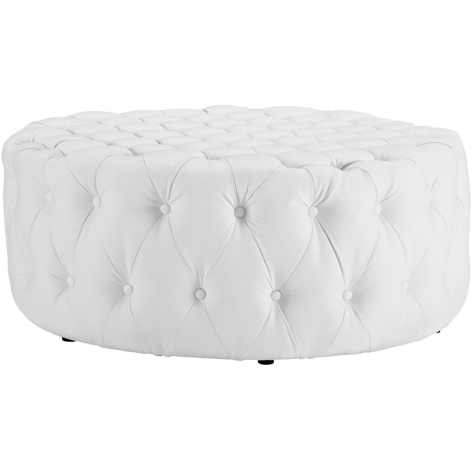 Low-profile round white ottoman showcasing allover button tufting and smooth vinyl upholstery || EEI-2224-WHI || side_studio