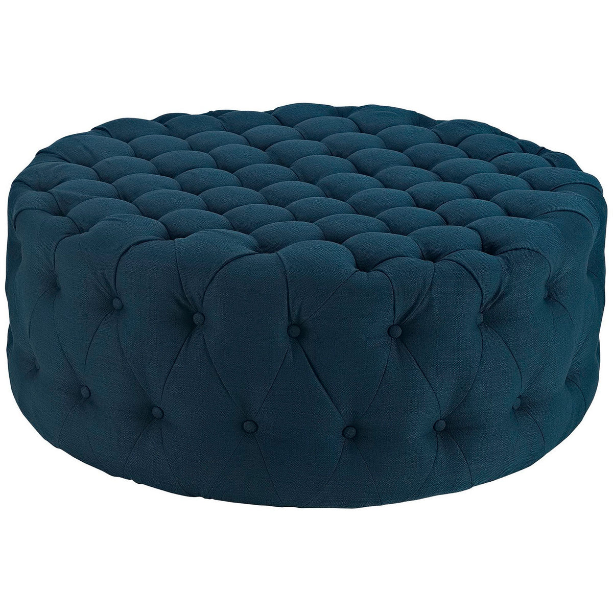 Plush azure round ottoman with full button tufting and smooth upholstered sides for modern lounging || EEI-2225-AZU || front_studio